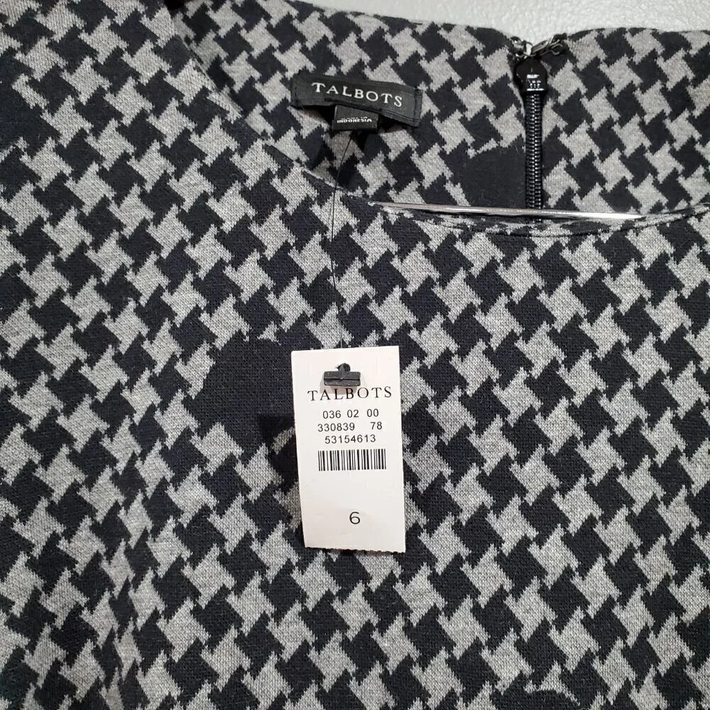 Talbots Womens Black Gray Polka Dot 3/4 Bell Sleeve Sheath Dress NWT Sz 6